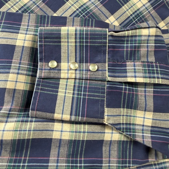 Ely Cattleman Mens XL Plaid Snap Front Long Sleeve Western Shirt Blue Tan Green - Picture 12 of 13
